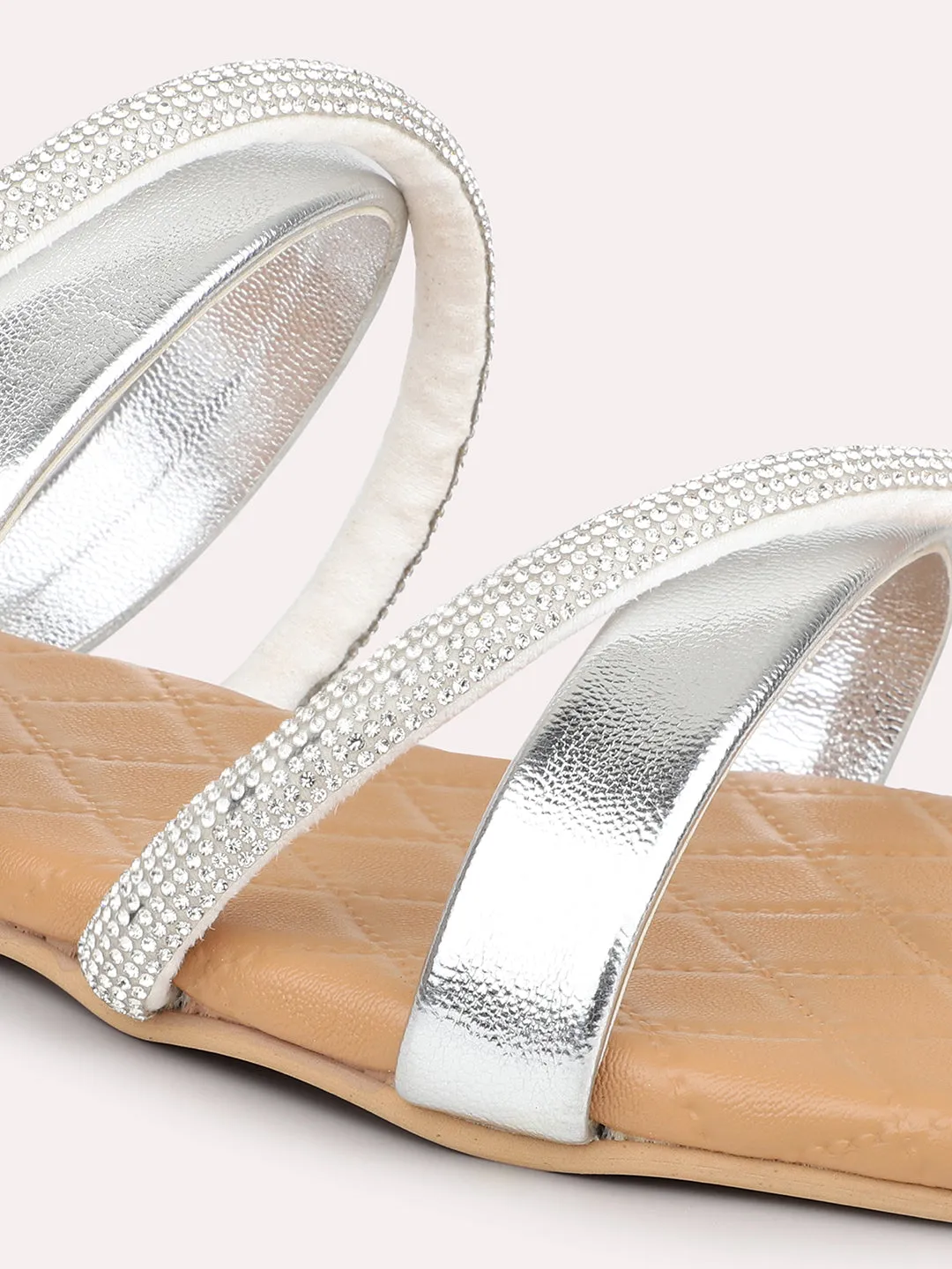 Women Silver-Toned Striped Embellished Open Toe Flats