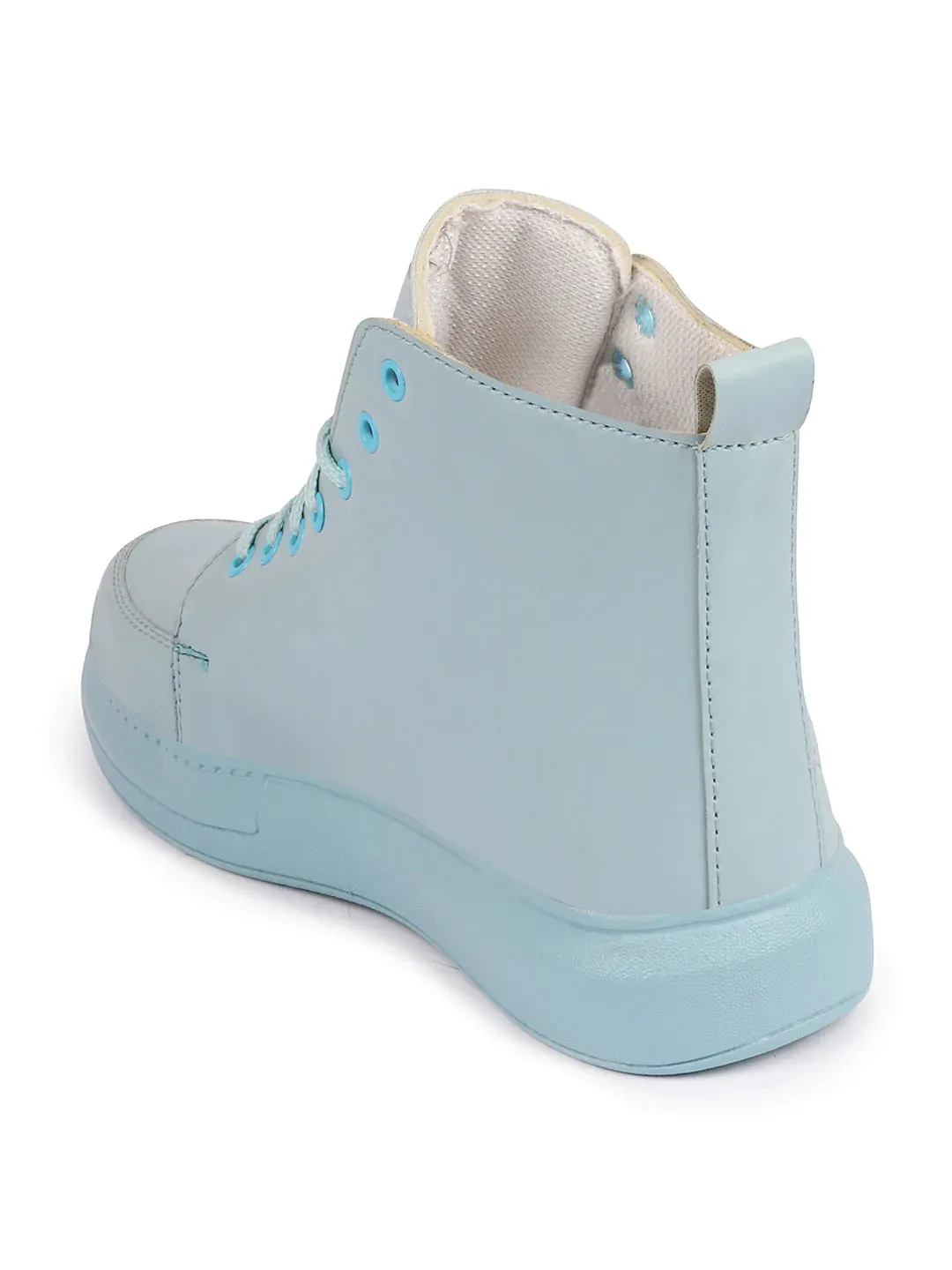 Women Sky Blue High Ankle Top Wedge Heels Stitched Design Lace Up Sneakers Shoes