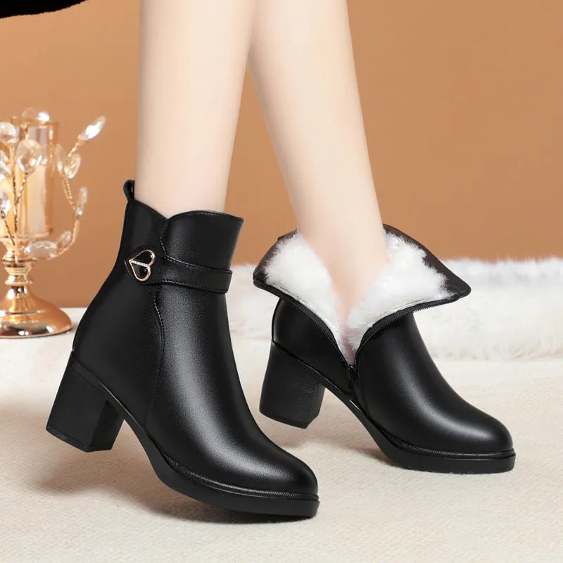 Women's Ankle Boots Love Hearts Warm Wool Fluff Block Chunky Heel Booties