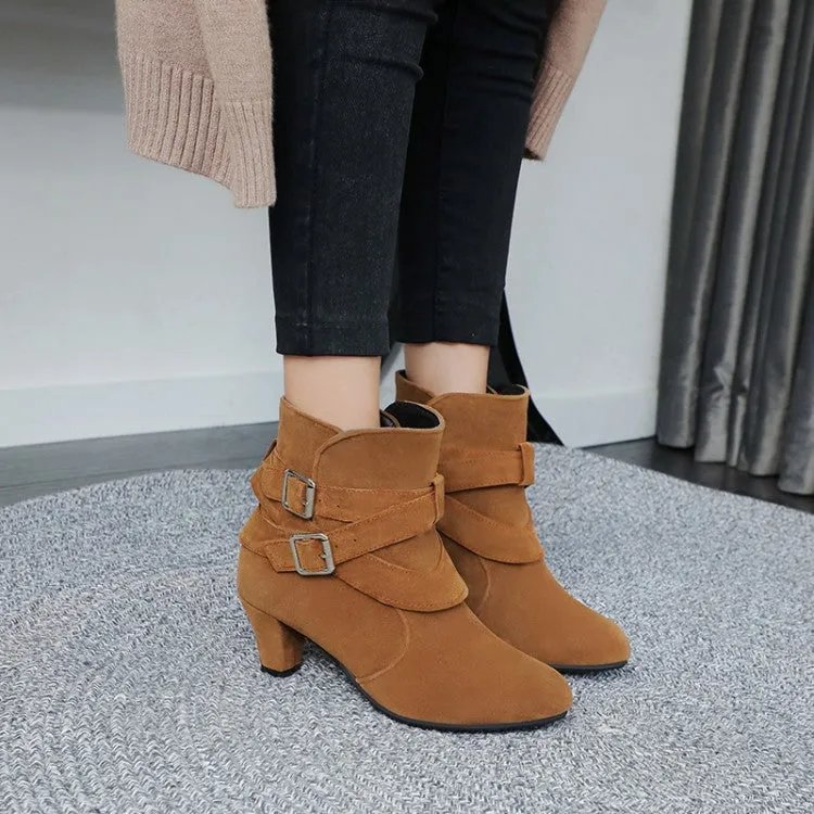 Women's Flock Pointed Toe Double Buckle Straps Puppy Heel Ankle Boots