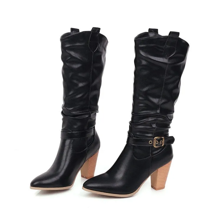 Women's Pointed Toe Block Chunky Heel Buckle Straps Mid-Calf Boots