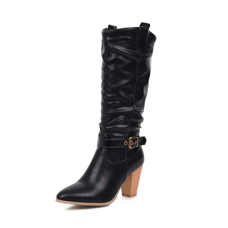 Women's Pointed Toe Block Chunky Heel Buckle Straps Mid-Calf Boots