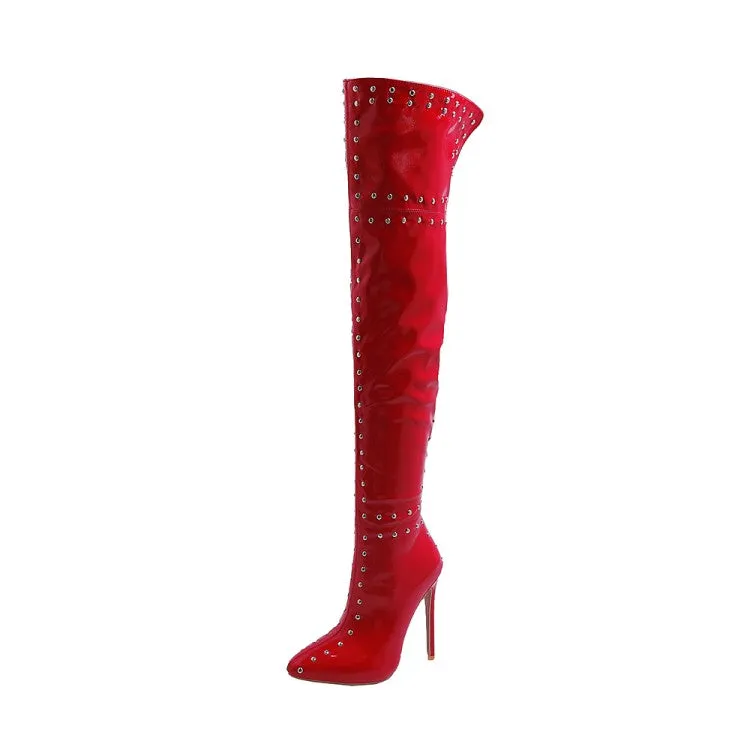 Women's Pointed Toe Rivets Patchwork Stiletto Heel Over the Knee Boots