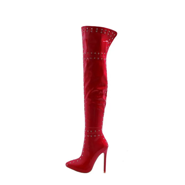 Women's Pointed Toe Rivets Patchwork Stiletto Heel Over the Knee Boots