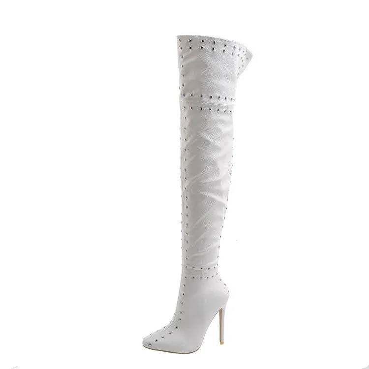 Women's Pointed Toe Rivets Patchwork Stiletto Heel Over the Knee Boots