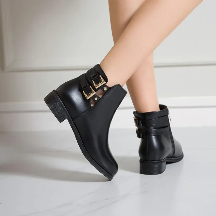 Women's Pu Leather Side Zippers Buckle Straps Block Chunky Heel Platform Ankle Boots