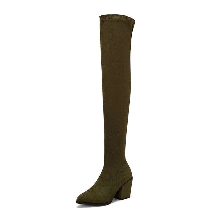 Women's Suede Pointed Toe Side Zippers Over The Knee Block Heel Boots