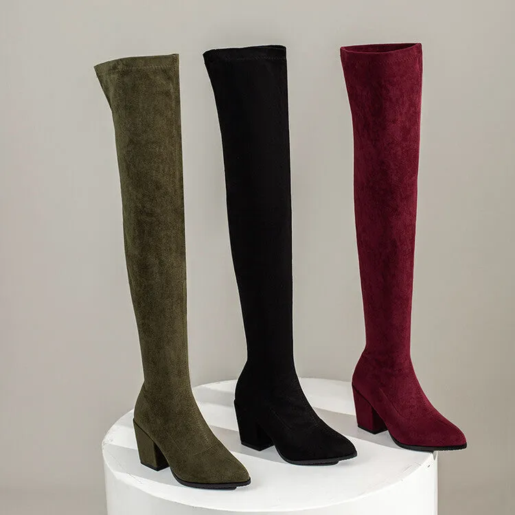 Women's Suede Pointed Toe Side Zippers Over The Knee Block Heel Boots