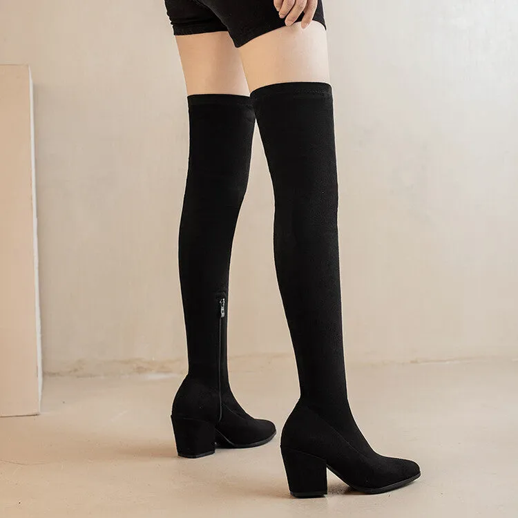 Women's Suede Pointed Toe Side Zippers Over The Knee Block Heel Boots