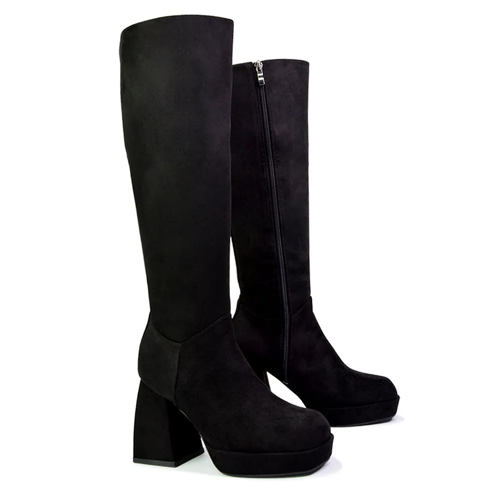 Wren Knee High Boots With Platform Chunky Flared Block Heel In Black Faux Suede