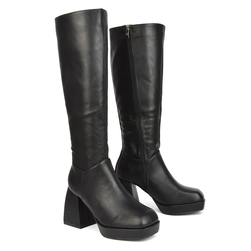 Wren Knee High Boots With Platform Chunky Flared Block Heel In Black Faux Suede