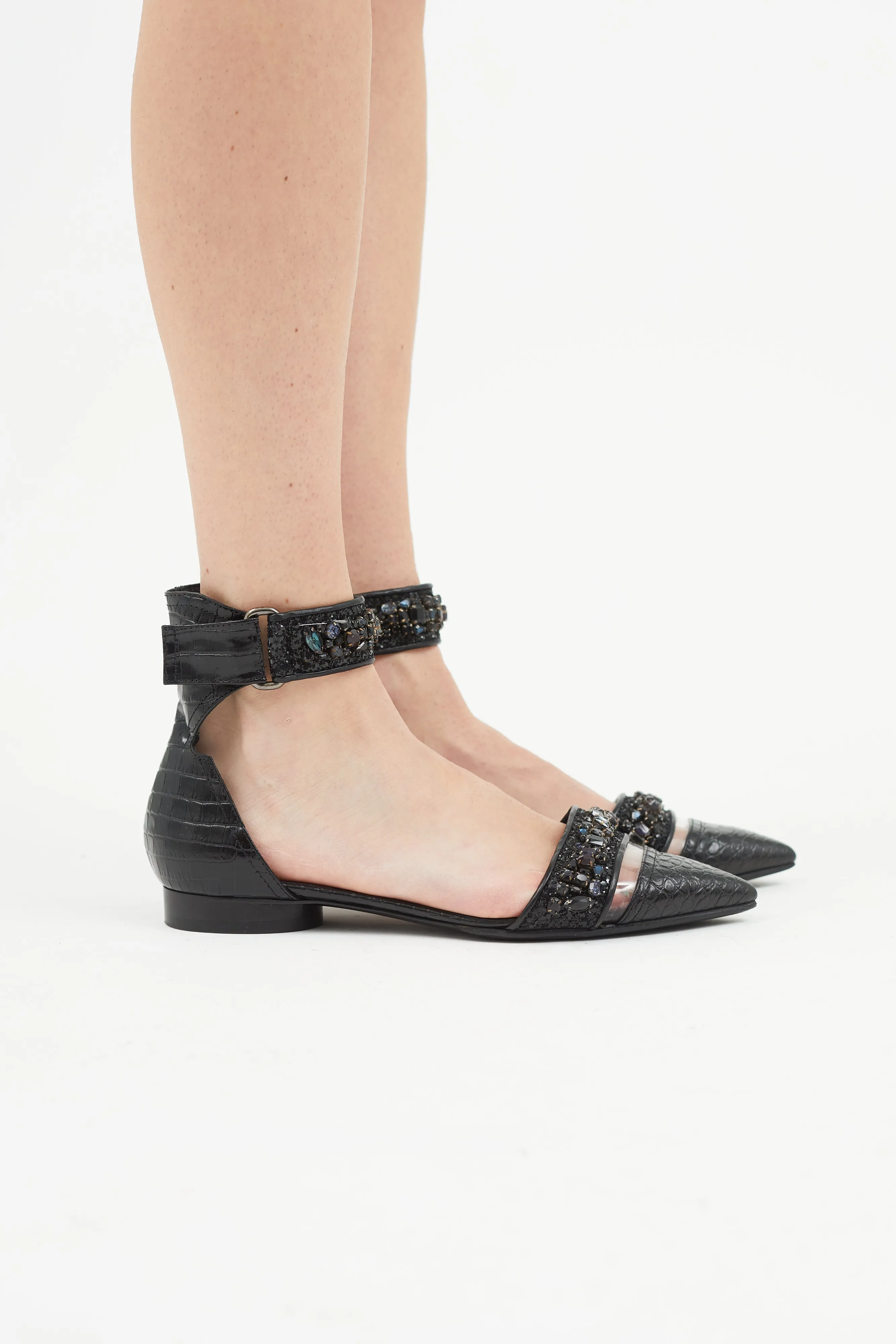 x Nicholas Kirkwood Black Leather & Crystal Flat